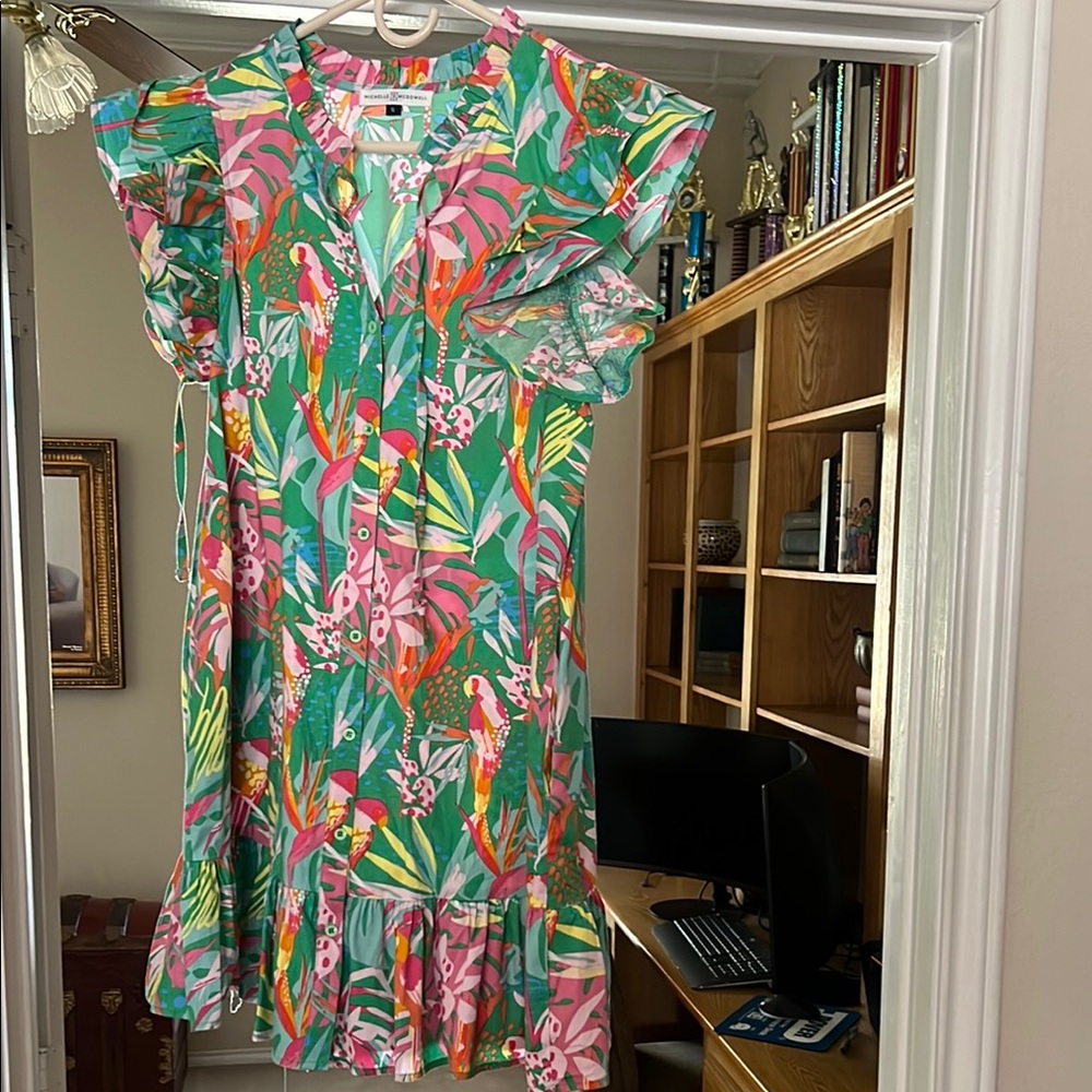 Green Pink V-Neck Flutter Sleeve Mini Dress